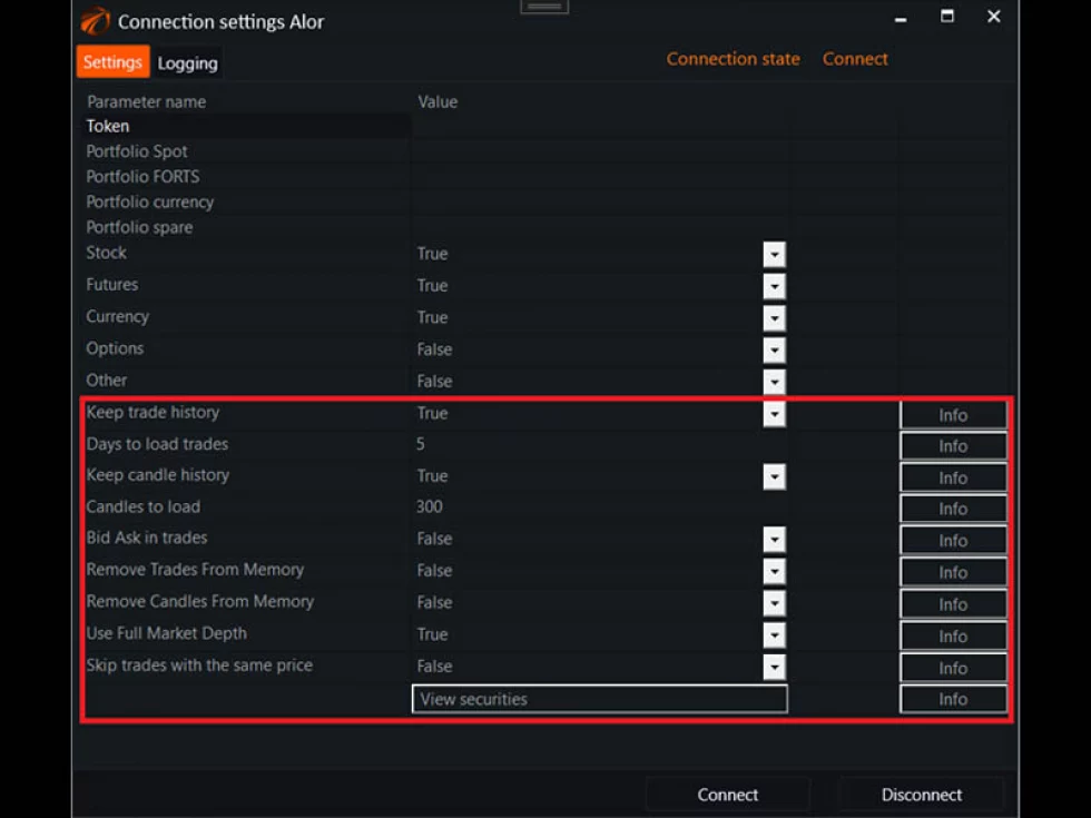 Standard Settings of the OsEngine Connector.