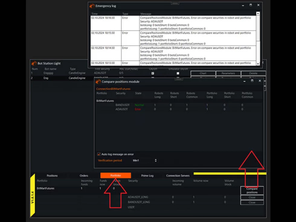 Auto-comparison of positions between robots and the exchange during real trading.